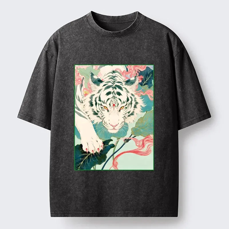 Kyoto-Lion Oriental White Tiger Art Washed T-Shirt