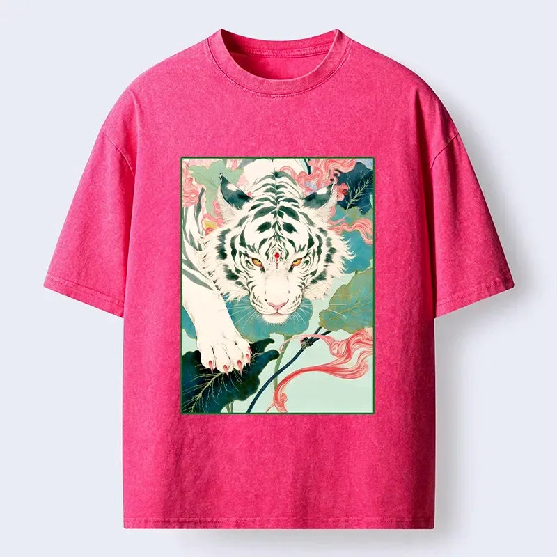 Kyoto-Lion Oriental White Tiger Art Washed T-Shirt