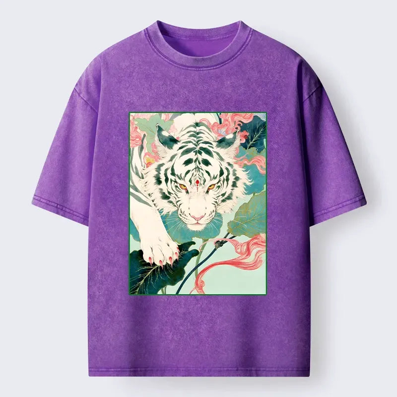 Kyoto-Lion Oriental White Tiger Art Washed T-Shirt