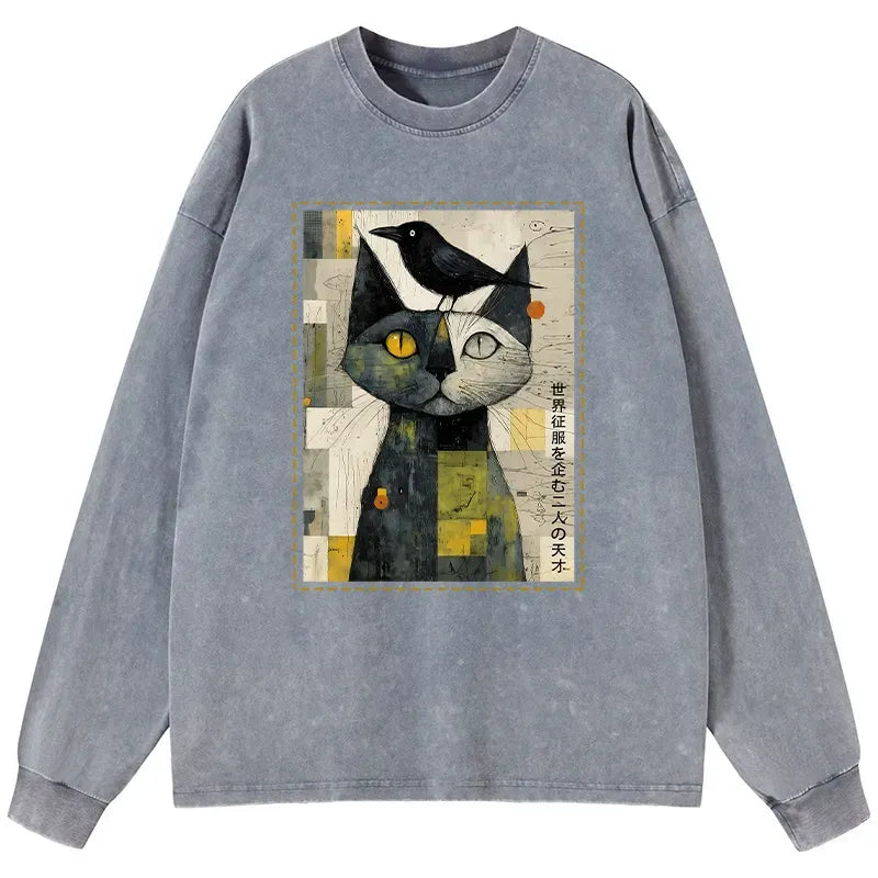 Japanese Cat Crow Washed Long Sleeve T-Shirt