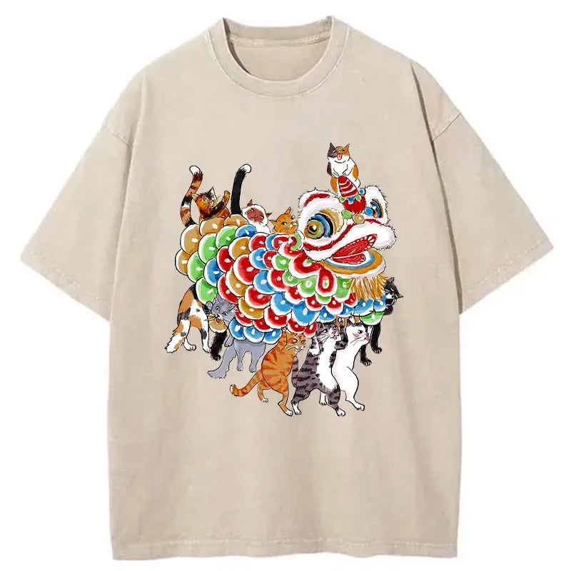 washed cotton lion dance shirt for daily wear