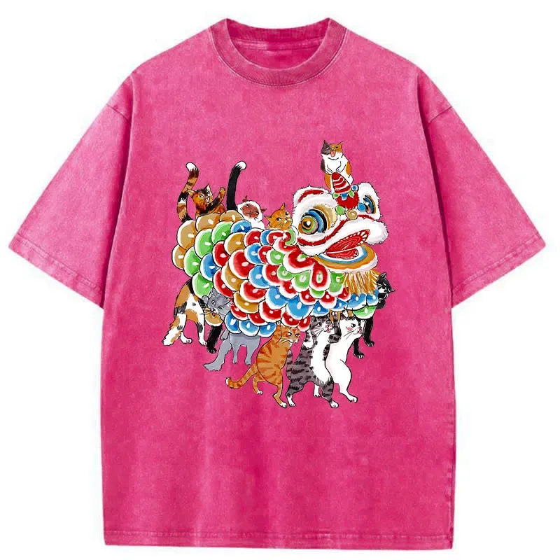 washed cotton lion dance shirt for daily wear