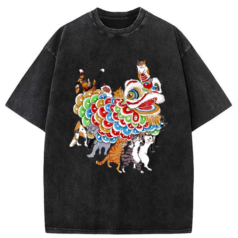 japanese lion dance cat t-shirt on sale