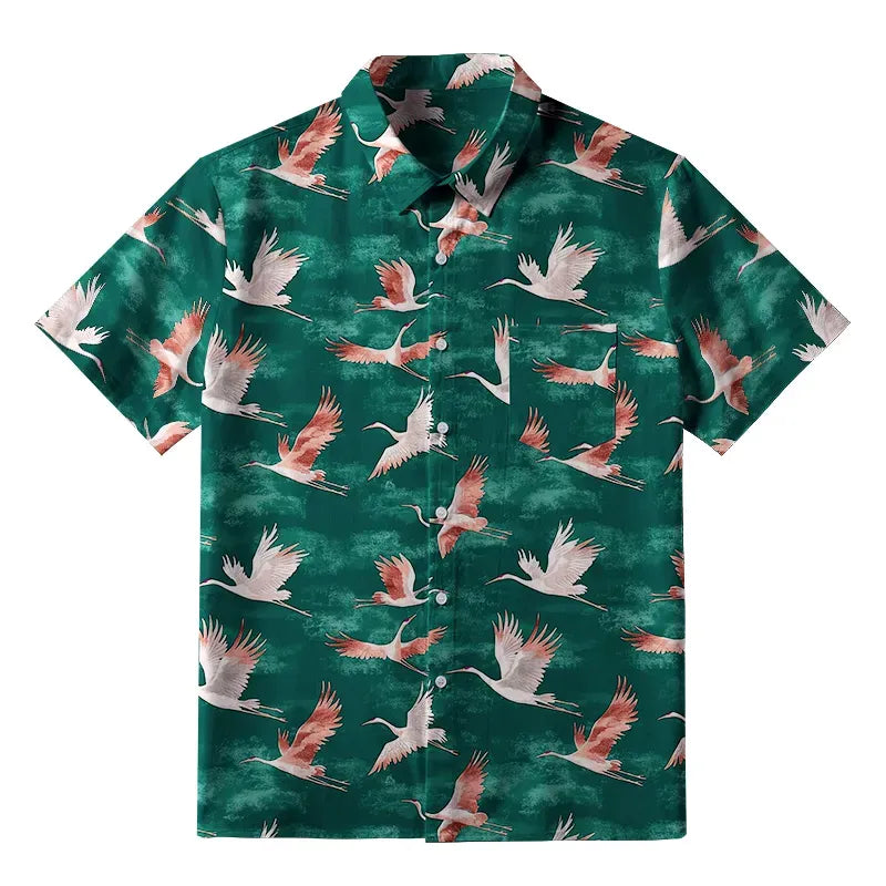 Japanese Crane Button-up Shirt for Summer