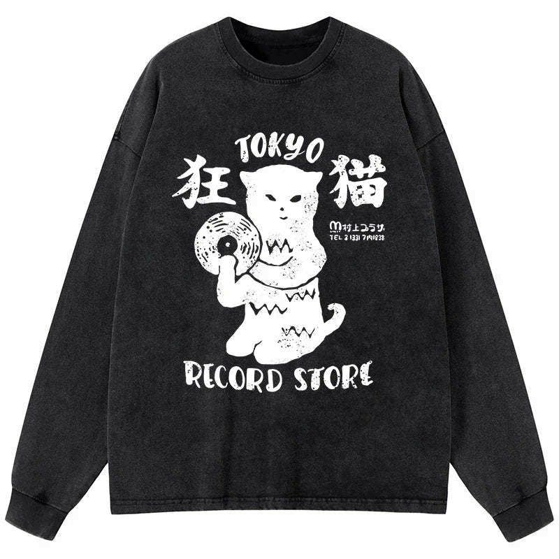 Tokyo record store cat washed shirt streetwear style