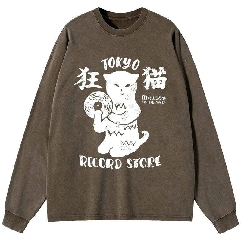 Kyoto-Lion Tokyo Record Store Cat CD Washed Long Sleeve T-Shirt