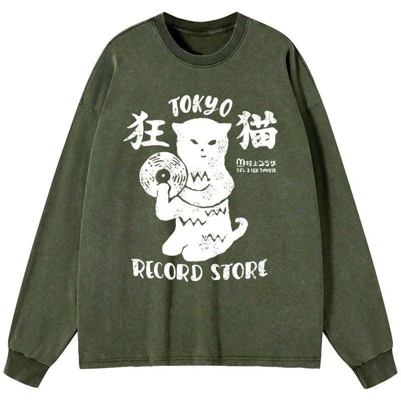 Tokyo record store cat washed shirt streetwear style