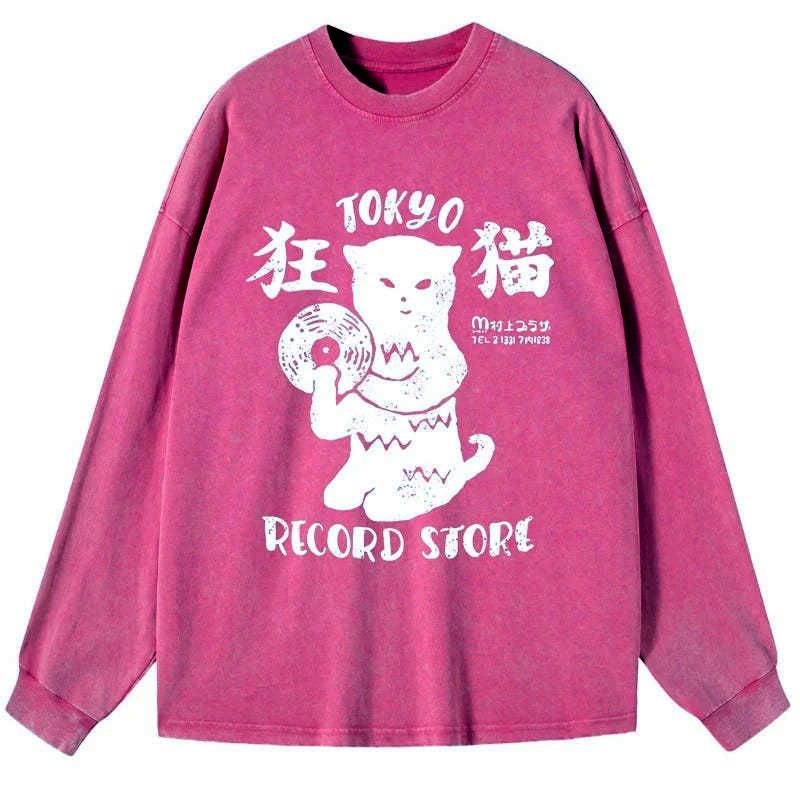 Kyoto-Lion Tokyo Record Store Cat CD Washed Long Sleeve T-Shirt