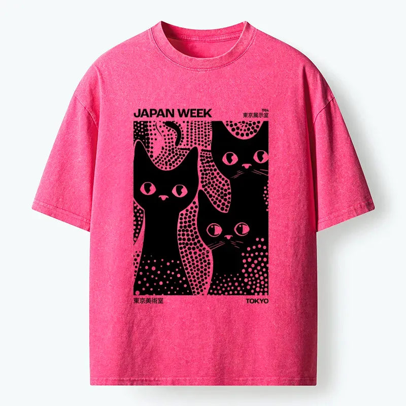 Kyoto-Lion Black Cat Polka Dot Art Washed T-Shirt