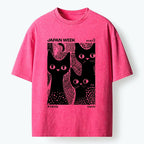 Kyoto-Lion Black Cat Polka Dot Art Washed T-Shirt