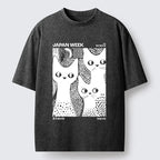 Kyoto-Lion Black Cat Polka Dot Art Washed T-Shirt