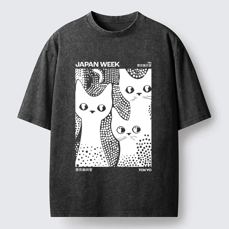 Kyoto-Lion Black Cat Polka Dot Art Washed T-Shirt
