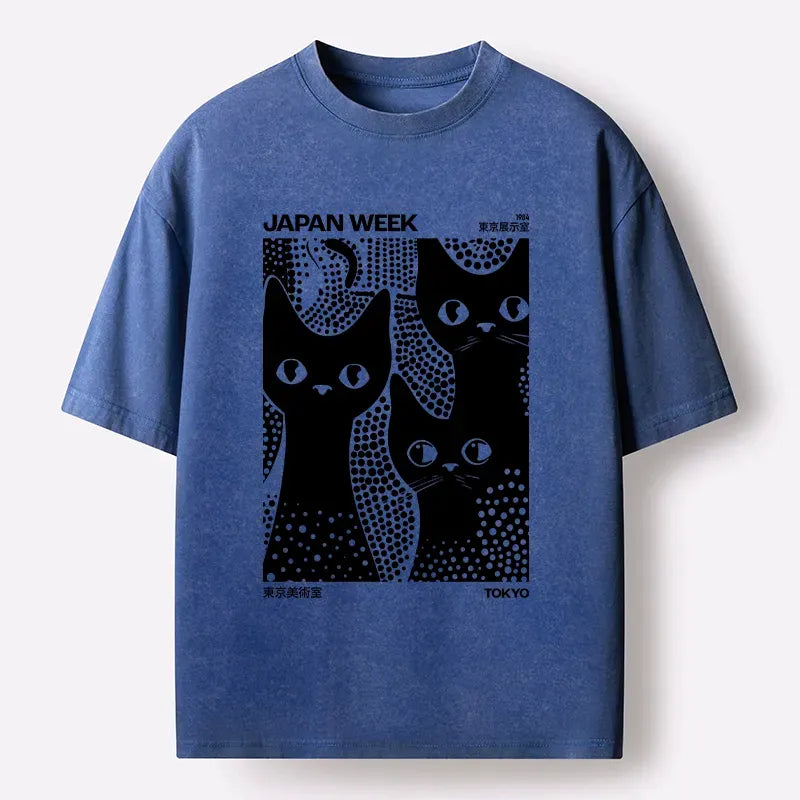 Kyoto-Lion Black Cat Polka Dot Art Washed T-Shirt