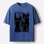 Kyoto-Lion Black Cat Polka Dot Art Washed T-Shirt