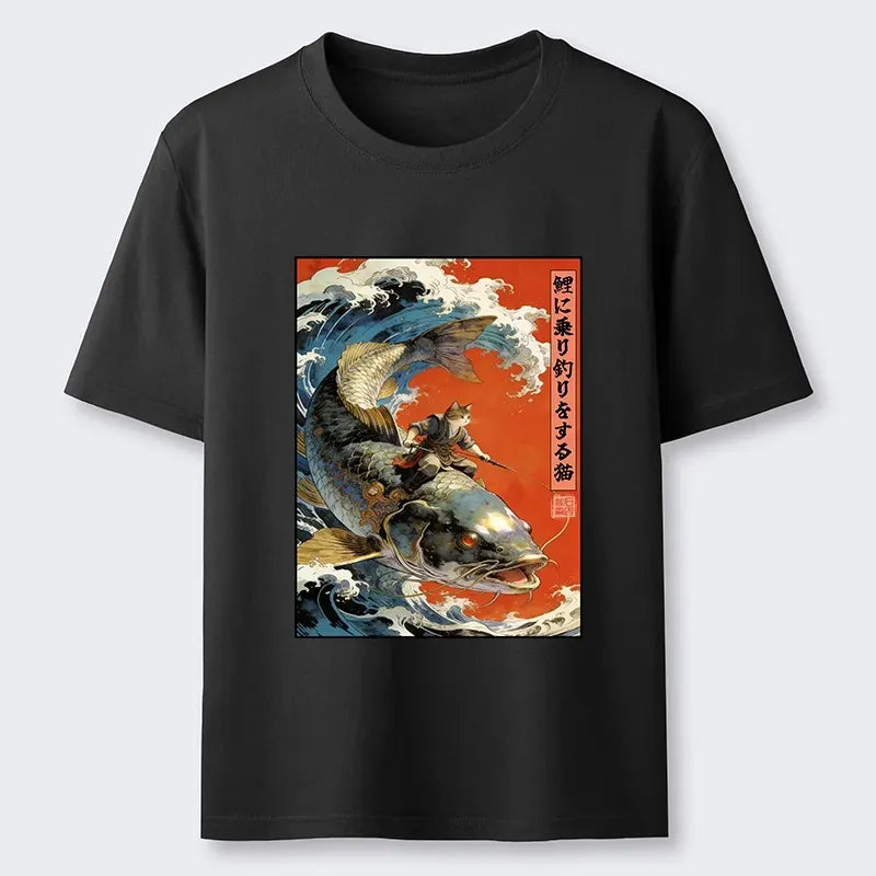 Vintage Cat Fishing Art Tee on Sale