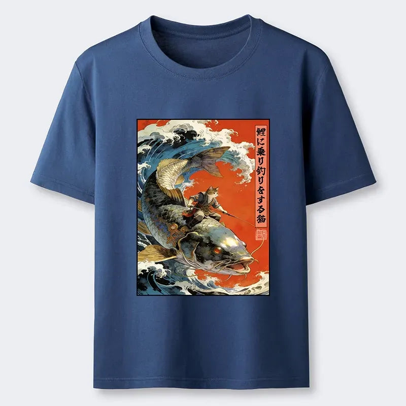 Kyoto-Lion Ukiyo E Cat Fishing Art Classic T-Shirt