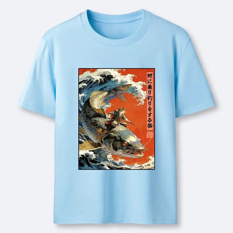Vintage Cat Fishing Art Tee on Sale