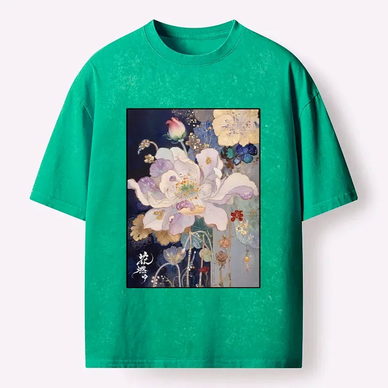 Kyoto-Lion Golden Flower Bloom In The Night Washed T-Shirt
