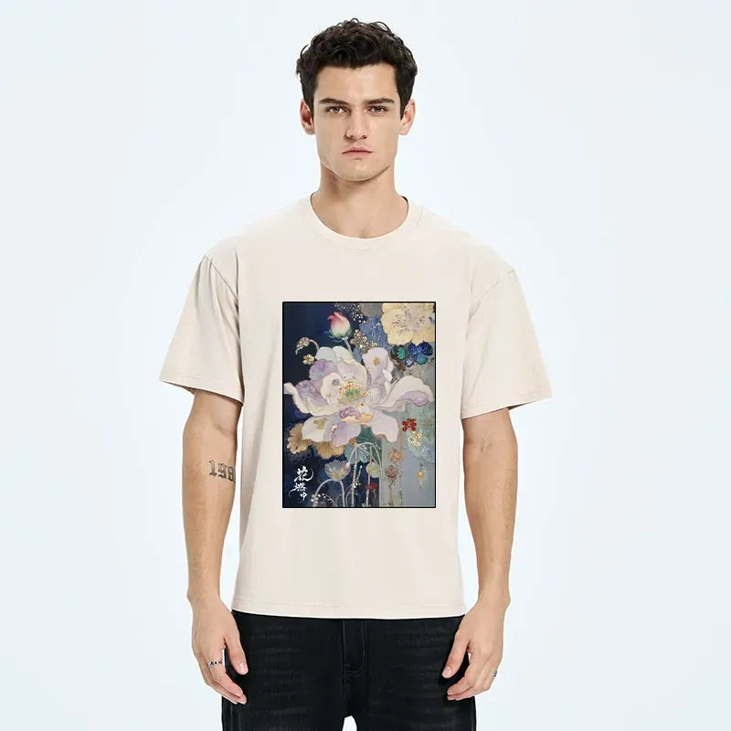 Kyoto-Lion Golden Flower Bloom In The Night Washed T-Shirt