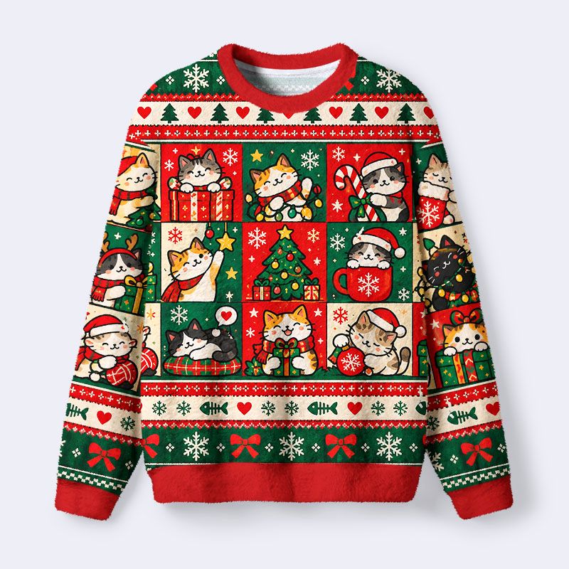 Kyoto-Lion Christmas Cat Patch Meme Fuzzy Christmas Ugly Sweatshirt