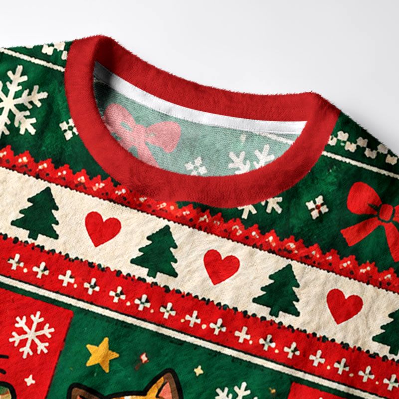 Kyoto-Lion Christmas Cat Patch Meme Fuzzy Christmas Ugly Sweatshirt