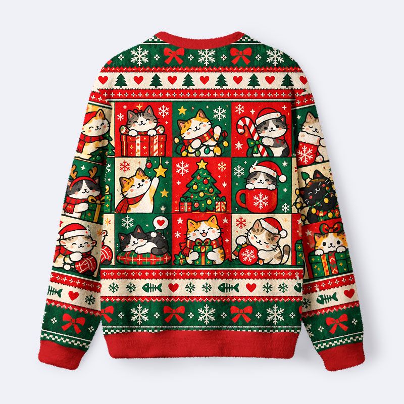 Kyoto-Lion Christmas Cat Patch Meme Fuzzy Christmas Ugly Sweatshirt