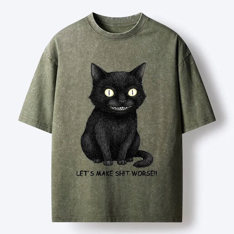 Kyoto-Lion Mischief Black Cat Meme Washed T-Shirt