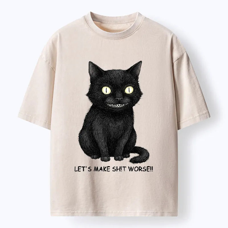 Kyoto-Lion Mischief Black Cat Meme Washed T-Shirt