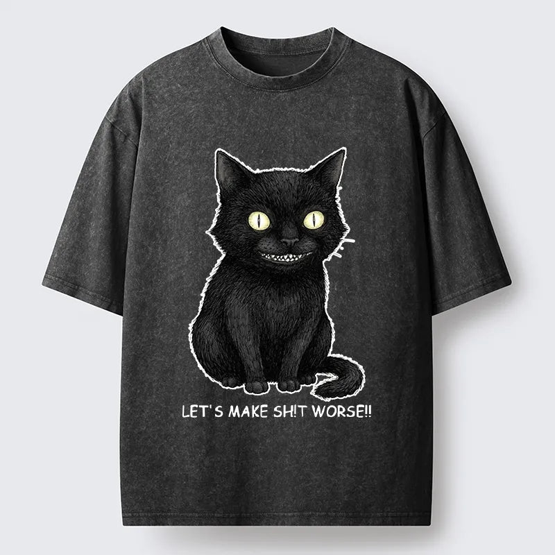 Kyoto-Lion Mischief Black Cat Meme Washed T-Shirt