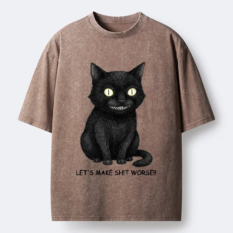 Kyoto-Lion Mischief Black Cat Meme Washed T-Shirt