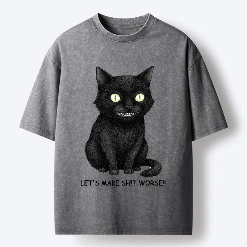 Kyoto-Lion Mischief Black Cat Meme Washed T-Shirt