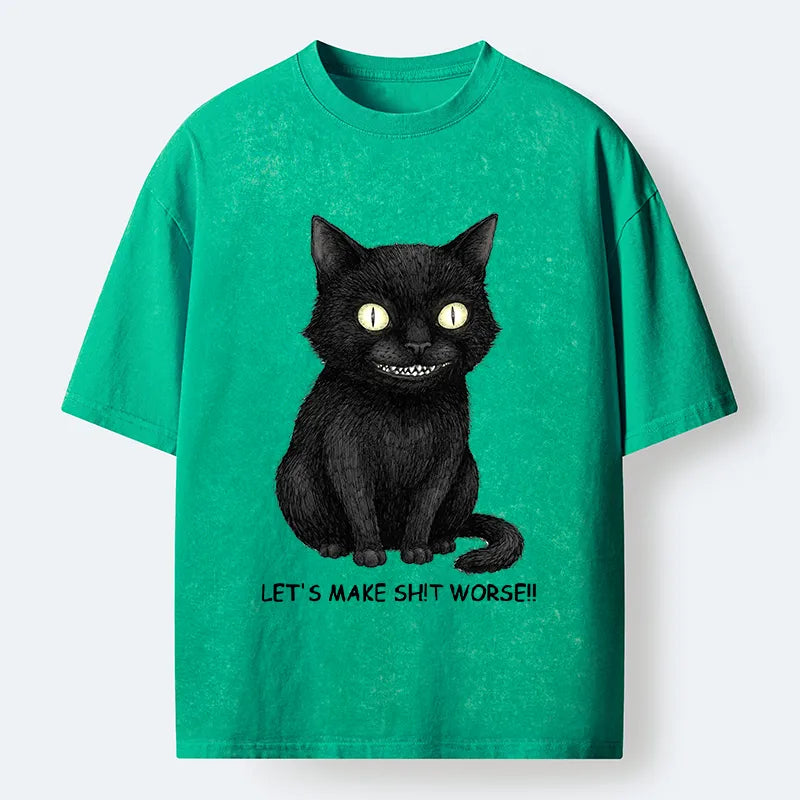 Kyoto-Lion Mischief Black Cat Meme Washed T-Shirt