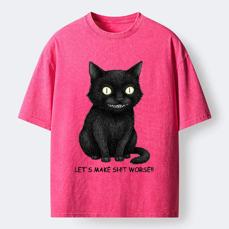 Kyoto-Lion Mischief Black Cat Meme Washed T-Shirt
