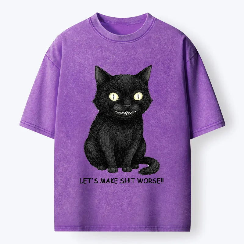 Kyoto-Lion Mischief Black Cat Meme Washed T-Shirt