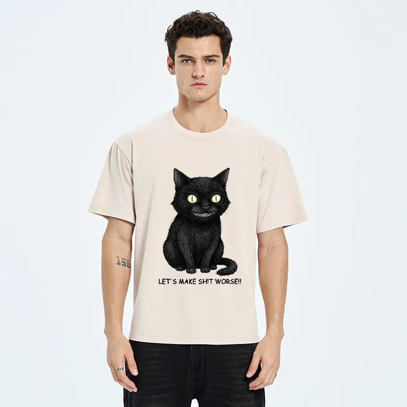 Kyoto-Lion Mischief Black Cat Meme Washed T-Shirt