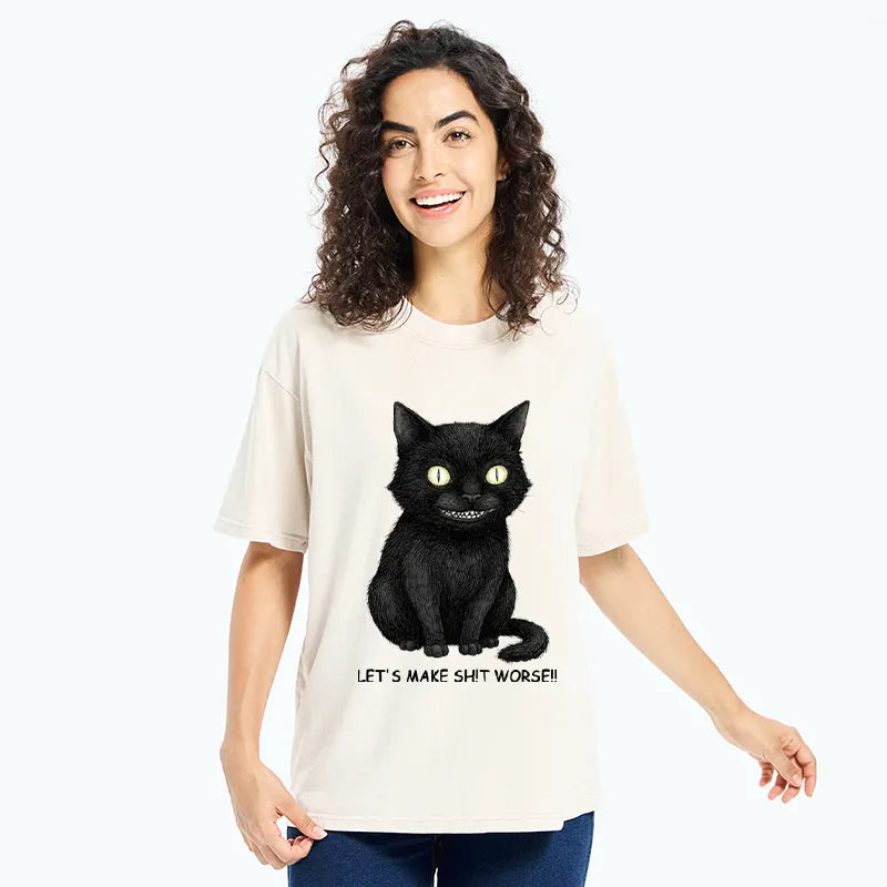 Kyoto-Lion Mischief Black Cat Meme Washed T-Shirt