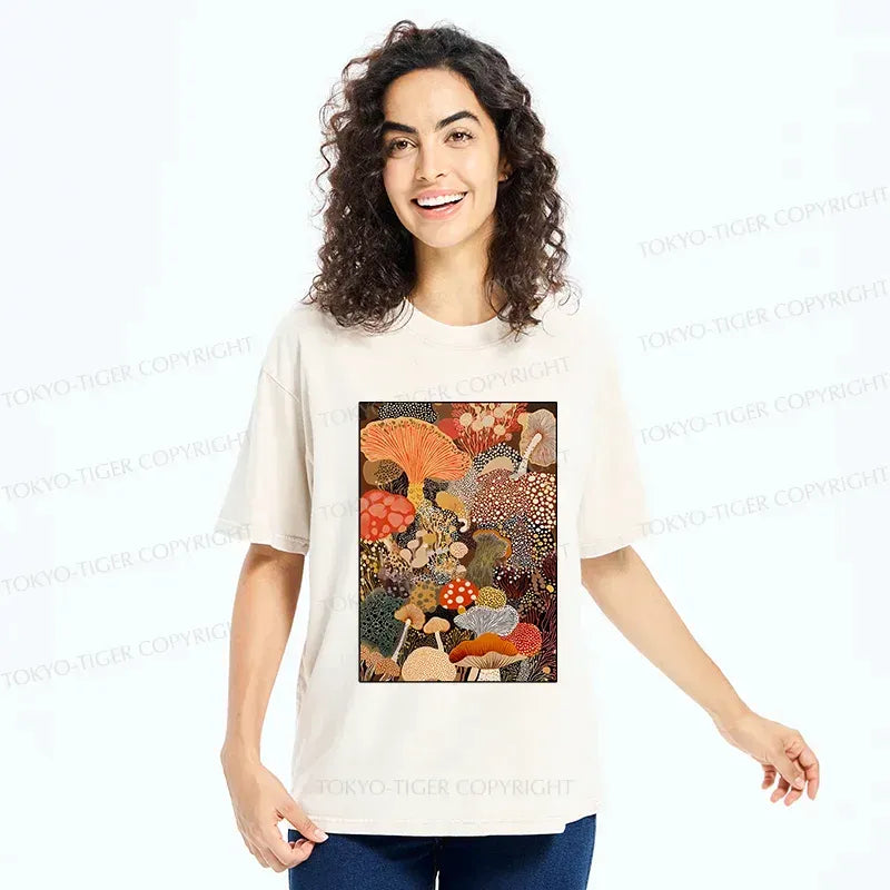 Kyoto-Lion Psychedelic Mushroom Paintings Washed T-Shirt