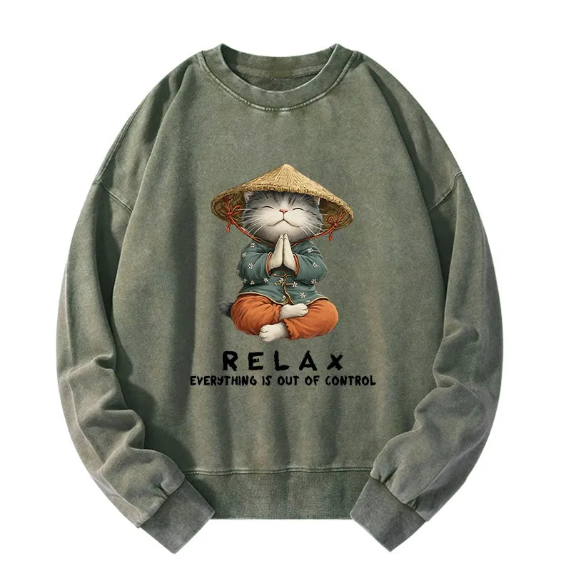 Kyoto-Lion Zen Relax Cat Graphic Washed Sweatshirt