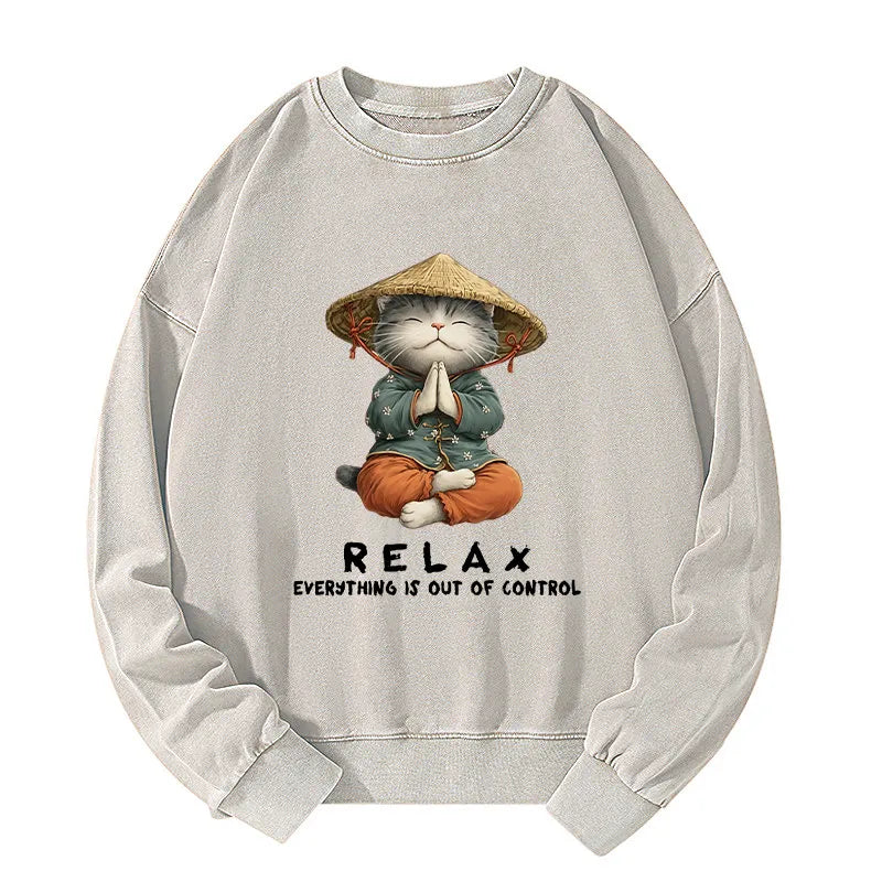 Kyoto-Lion Zen Relax Cat Graphic Washed Sweatshirt