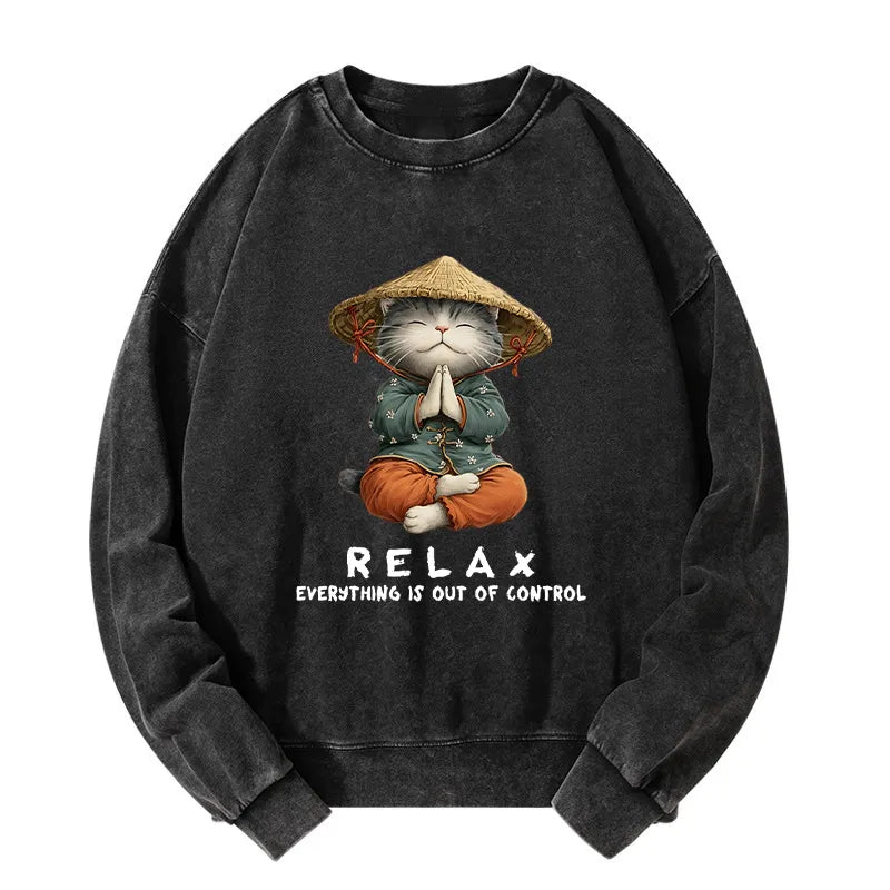 Kyoto-Lion Zen Relax Cat Graphic Washed Sweatshirt