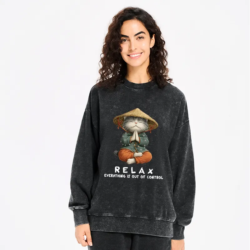 Kyoto-Lion Zen Relax Cat Graphic Washed Sweatshirt