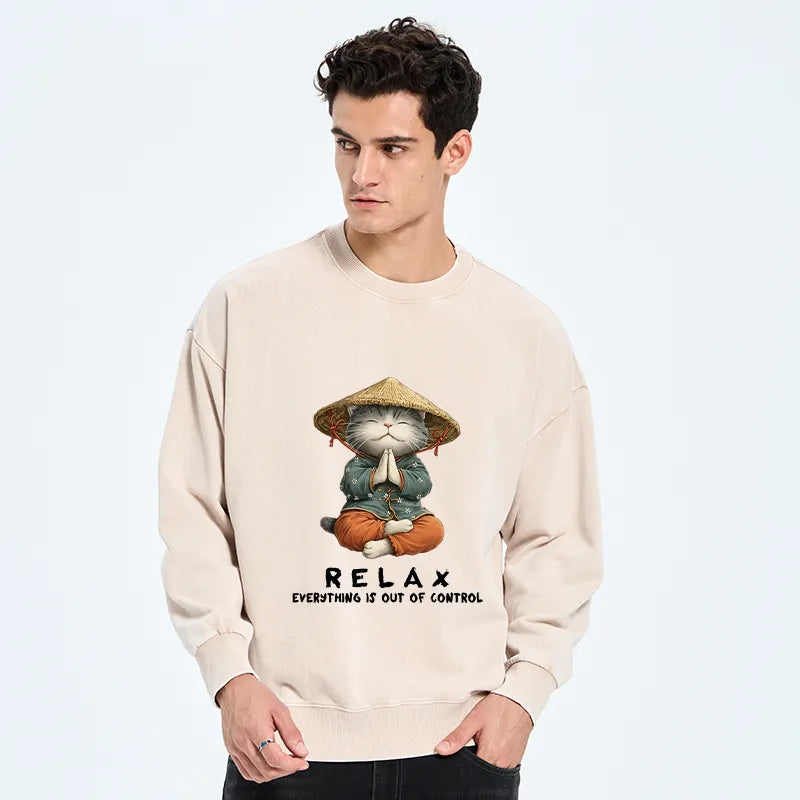 Kyoto-Lion Zen Relax Cat Graphic Washed Sweatshirt