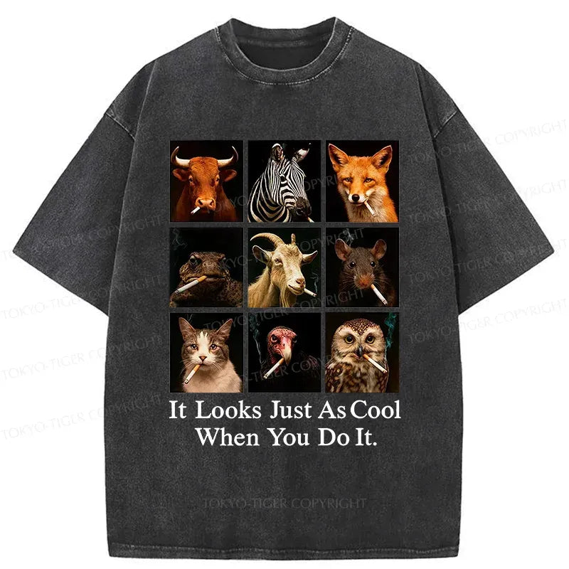 Kyoto-Lion Various Animals Smoking Washed T-Shirt