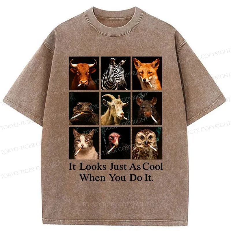 Kyoto-Lion Various Animals Smoking Washed T-Shirt