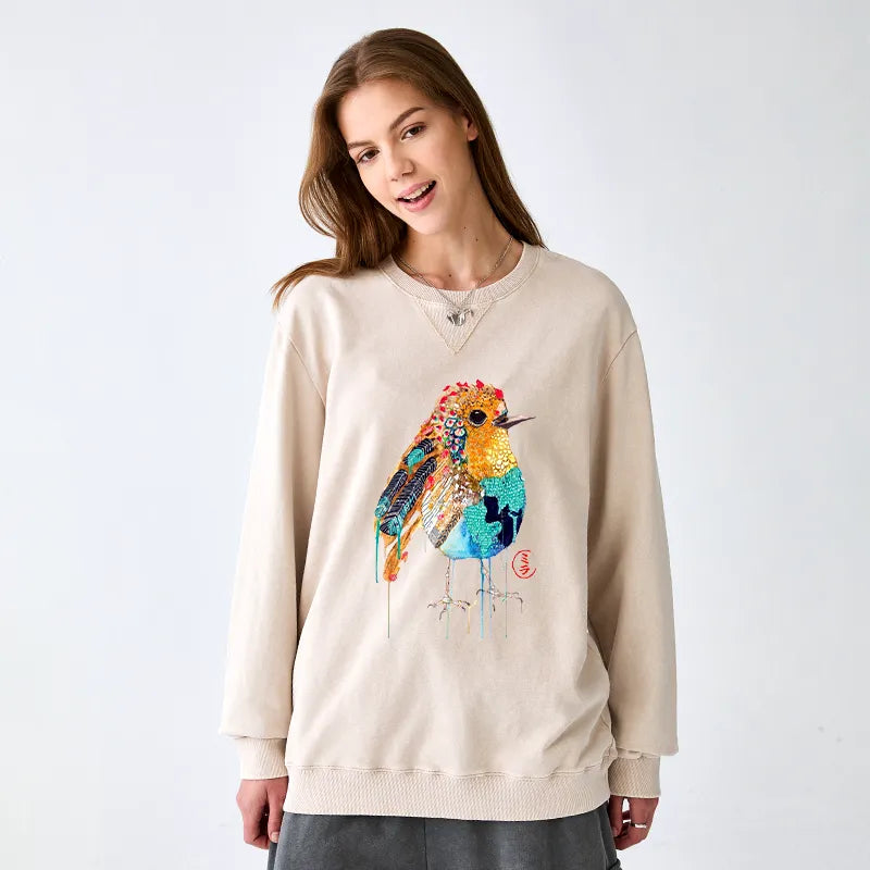 Kyoto-Lion Sparkly Wild Bird Washed Terry Sweatshirt