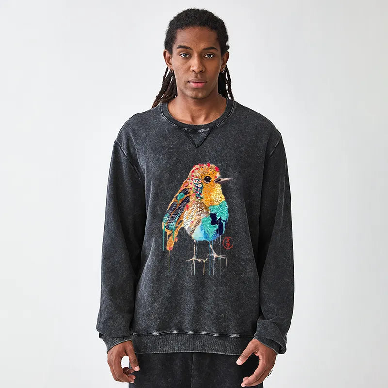 Kyoto-Lion Sparkly Wild Bird Washed Terry Sweatshirt