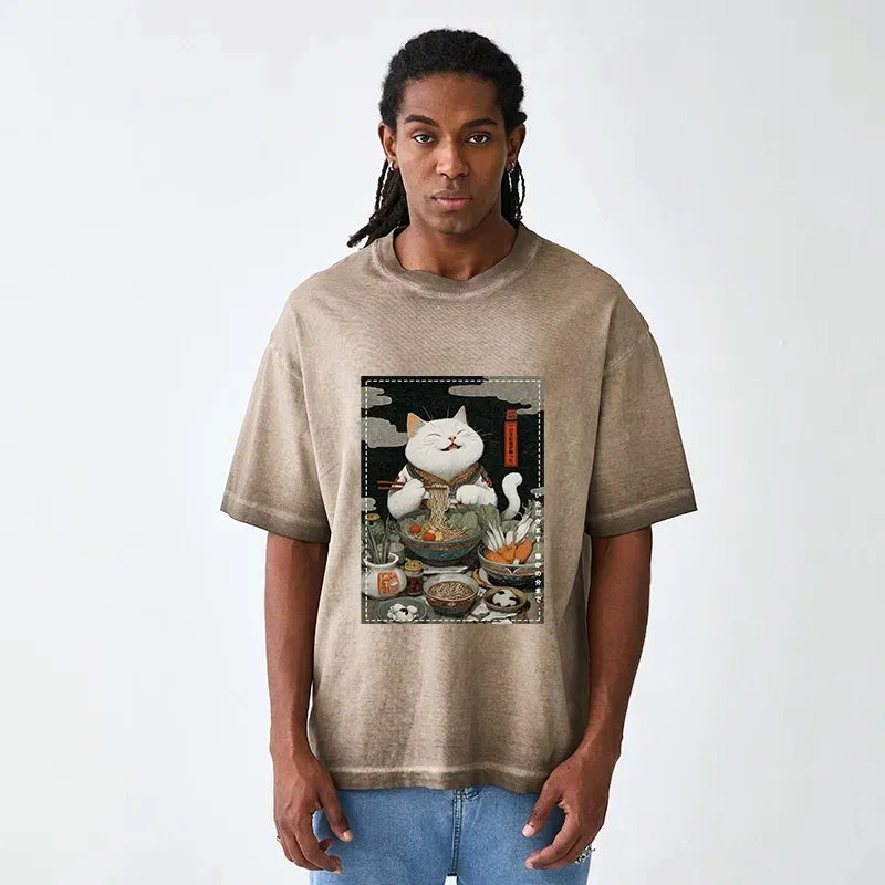 Kyoto-Lion The Ramen-Loving Cat Gradient Washed T-Shirt