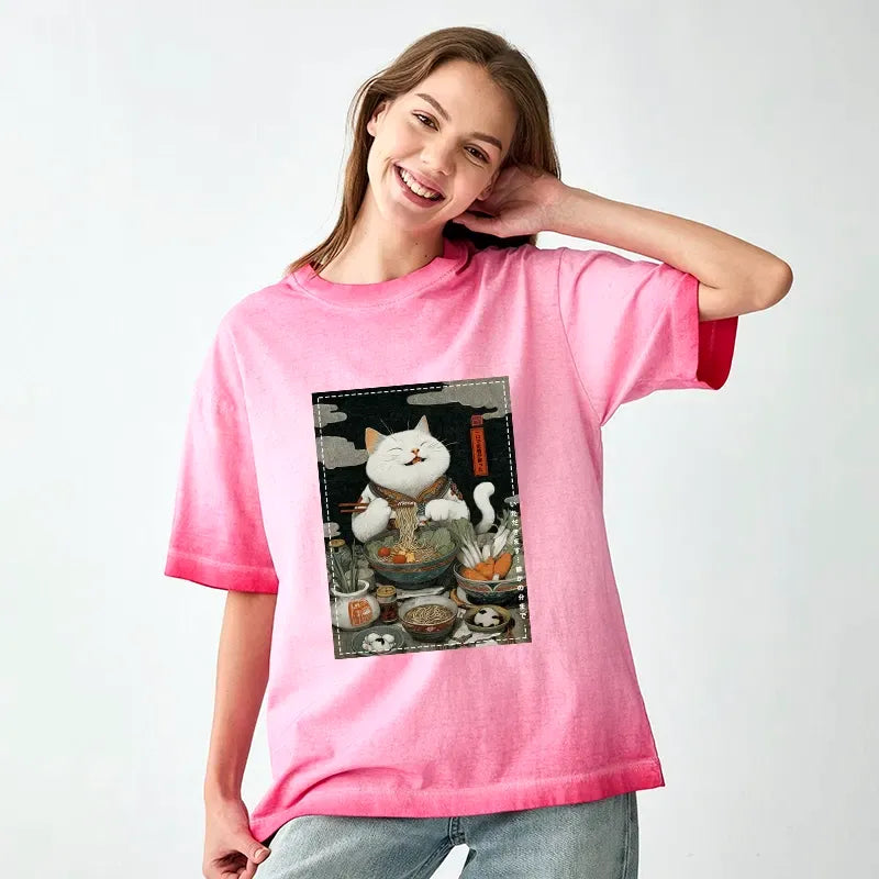 Kyoto-Lion The Ramen-Loving Cat Gradient Washed T-Shirt