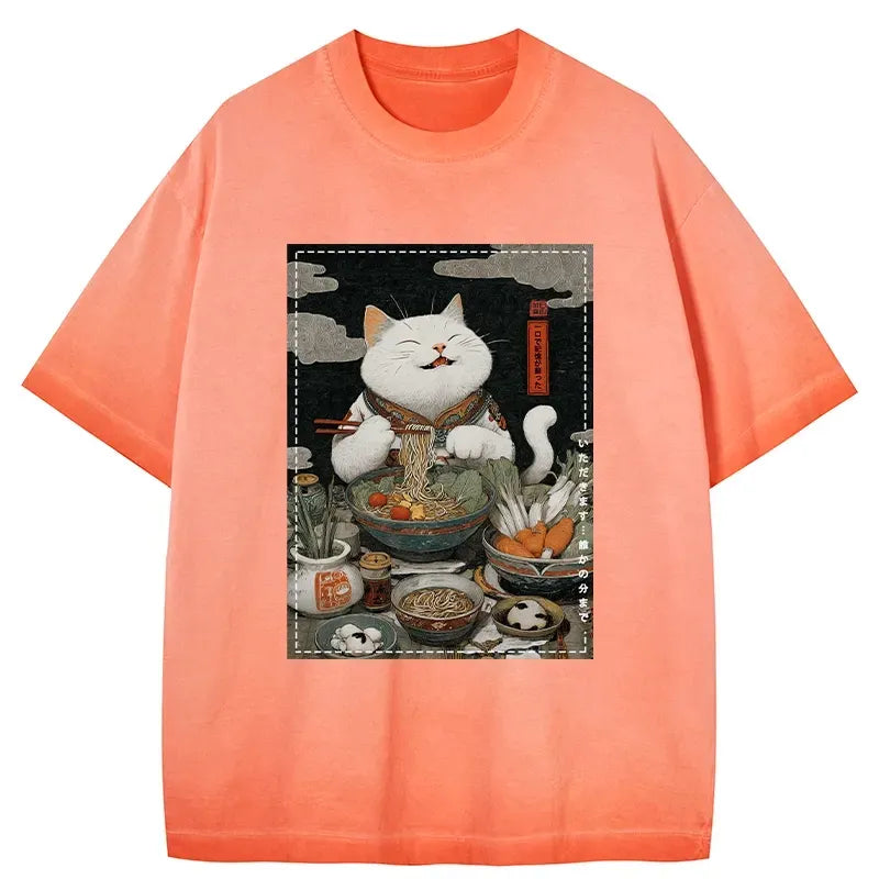 Kyoto-Lion The Ramen-Loving Cat Gradient Washed T-Shirt