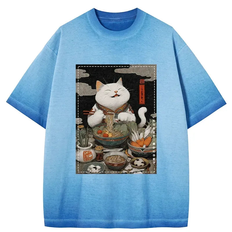 Kyoto-Lion The Ramen-Loving Cat Gradient Washed T-Shirt